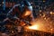 Welder at work wearing protective helmet, sparks on dark background. Generative AI