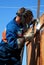 A welder working at height