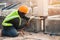 Welder working welding assembly structure prefabricated concrete in project house construction site work