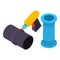 Welding work icon isometric vector. Modern manual welding torch and pipe icon