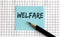 WELFARE , the phrase is written on colored stickers, on a notepad background. Business concept