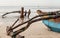 Weligama, Sri Lanka - December 21, 2017: Sri Lankan fishermen push the boat to the sea in the morning after the fishing night in