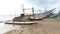 WELIGAMA, SRI LANKA - MARCH 2014: View of wooden fishing boats on beach. The term Weligama literally means\'sandy village\' which r