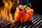 well-charred bell pepper, smoke wafting off glowing ember