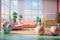 A well-composed interior shot of a living room with \\\'90s furniture, featuring vaporwave elements