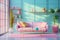 A well-composed interior shot of a living room with \\\'90s furniture, featuring vaporwave elements