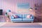 A well-composed interior shot of a living room with \\\'90s furniture, featuring vaporwave elements