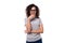 well-groomed cheerful energetic young european slim brunette woman with curly hair styling on a white background with