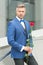 Well groomed macho tailored suit. Make good first impression. Valentines day and anniversary. Romantic gentleman. Man