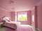 A well illuminated pink bedroom with furniture a bed and a big window