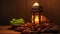 A well-lit lantern casts a warm glow over a cluster of ripe grapes sitting on a rustic wooden table, Ramadan Kareem greeting card