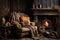 A well loved armchair fireplace and comforting cup of tea, hygge concept, AI Generated