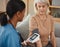 Well need to monitor your pressure for a few months. a doctor examining a senior woman with a blood pressure gauge at