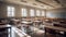 A well-organized classroom with rows of desks and chairs bathed in cinematic lights, showcasing an ideal learning space