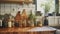 Well-organized kitchen pantry with a variety of natural ingredients and grains in clear jars on wooden countertop.