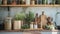 Well-organized kitchen pantry with a variety of natural ingredients and grains in clear jars on wooden countertop.