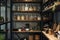 A well-organized pantry displays jars of dry goods on wooden shelves against a dark backdrop, creating a cozy and