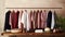 a well-organized wardrobe with a stack of clean, freshly laundered women's clothes neatly folded on a rustic wooden