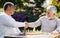 Well played. two men sitting outside together and shaking hands after playing a game of chess.