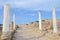 Well preserved ancient Corinthian columns with wall ruins with blue sky above. The ruins were part of famous Salamis Gymnasium