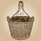 Well protected wine bottle in basket. Engraving raster illustration.