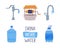 Well, Water Tap with Valve and Bottle with Pure Drinking Liquid Vector Illustration Set