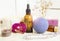 Wellness background, different beauty home spa products in bathroom.