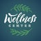 Wellness Center Vector Logo. Stroke Green Leaves Illustration. Brand Lettering