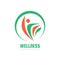 Wellness - concept logo template vector illustration. Abstract human character with wing creative sign. Nature leaves in circle.