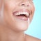 Wellness, happy and teeth of dental woman with healthy smile, oral hygiene and mouth zoom. Beauty, veneers and teeth