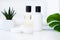 Wellness Products and Cosmetics. Herbal and mineral skincare. Jars of cream, white cosmetic bottles. Without label. Spa Set with