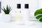 Wellness Products and Cosmetics. Herbal and mineral skincare. Jars of cream, white cosmetic bottles. Without label. Spa Set with