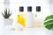 Wellness Products and Cosmetics. Herbal and mineral skincare. Jars of cream, white cosmetic bottles. Without label. Spa Set with