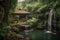 wellness retreat with serene waterfall and greenery in the background