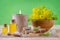 Wellness, spa and aroma oils, fresh plants, candle, soap, salt on green background, selective