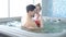 Wellness spa centre in luxury hotel. Couple relaxing in jacuzzi having fun. Attractive slim woman in red bikini swimsuit