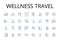 Wellness travel line icons collection. Eco-tourism, Cultural immersion, Adventure holiday, Luxury getaway, Healing