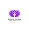 Wellness yoga logo design stock in overlay color style. human meditation in lotus flower vector illustration in purple color
