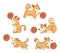 Welsh corgi dogs dribbling a basketball . Hand drawn style cartoon characters . White isolate background . Vector