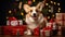Welsh Corgi small dog with Christmas gifts. Welsh Corgi. Christmas holidays with dogs banner poster. AI generated