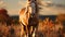Welsh pony running and standing in high grass, long mane. , brown horse galloping. generative ai