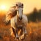 Welsh pony running and standing in high grass in sunset light, long mane, brown horse. generative ai