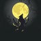 Werewolf silhouette on full moon background. Halloween monster banner. Black shape of scary beast in a dark forest