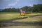 Wershofen, Germany  03 September 2017. Yellow light aircraft with one propeller  at air show in western Germany, a plane standing