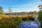 Wesslinger See in Wessling in the district of Starnberg in Bavaria. Autumn landscape by the lake.