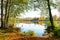 Wesslinger See in Wessling in the district of Starnberg in Bavaria. Autumn landscape by the lake.