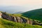 The West Caucasian tur (Capra caucasica) Beautiful mountain landscape with three running cute mountain goat