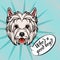 West Highland Terrier head. Dog face. Who is good boy text. Dog portrait. Dog muzzle. Vector.