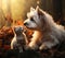 West Highland White Terrier dog touching nose with kitten