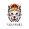 West Highland White Terrier king. Crown. Dog queen. Dog portrait. You rule text. Vector.